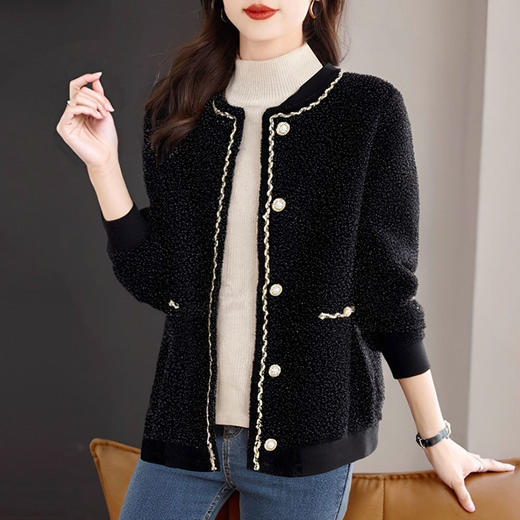 加绒小香风外套女士秋冬季新款大码女装摇粒绒棒球服黑色加厚上衣 商品图2