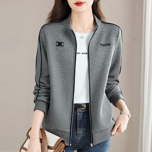 大码灰色拉链外套女2026秋装新款中长款宽松卫衣立领夹克女装上衣 商品图0