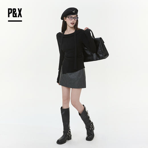 P&X设计师女装2025冬季长袖时尚内搭修身短款T恤825402098 黑色 商品图1