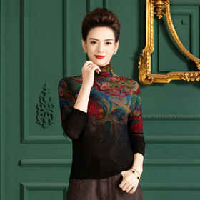 雀说100绵羊毛时尚印花羊毛衫女薄款高领水溶修身针织衫ALH8898