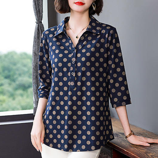 纯棉七分袖t恤上衣女春秋2026年新款大码波点中袖衫妈妈夏装短袖 商品图3