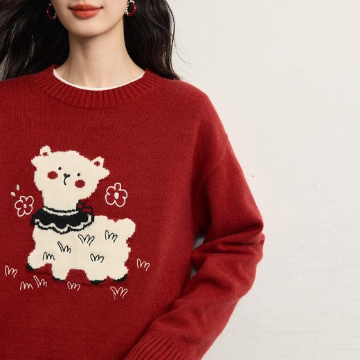 【年货节】熙世界安哥拉红小羊提花宽松毛衣女2025冬季款时尚圆领套头针织衫 商品图4