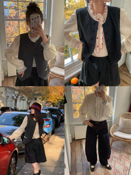 浮生八记/25C195/亚麻棉木耳边撞色花朵刺绣衬衫 商品图4