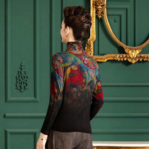 雀说100绵羊毛时尚印花羊毛衫女薄款高领水溶修身针织衫ALH8898 商品图1