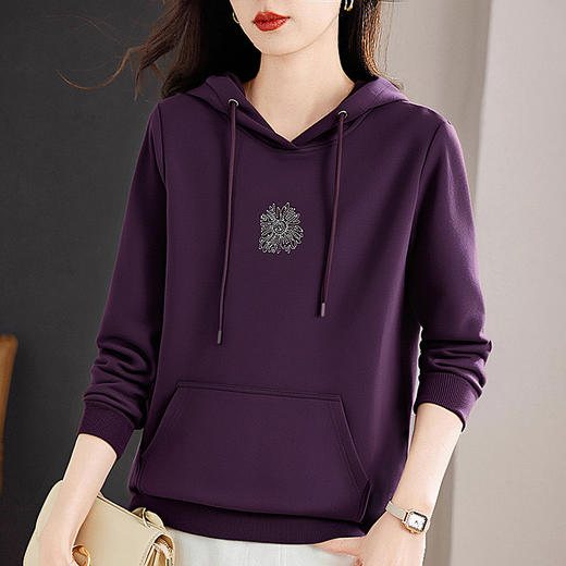 紫色女士卫衣秋季薄款2026新款洋气大码女装连帽外套长袖套头上衣 商品图1