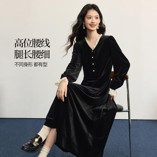 【11/5新品】熙世界法式赫本千金风丝绒连衣裙女秋冬气质名媛木耳边V领小黑裙 商品图2