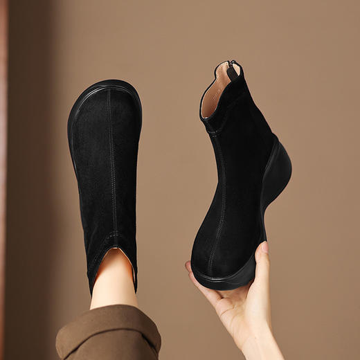 【预售5天】复古风真皮圆头厚底松糕短靴女新款百搭增高休闲马丁靴ASN&3167 商品图2