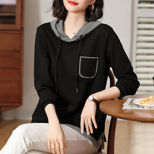 黑色连帽卫衣女春秋薄款2026年新款大码女装宽松套头下摆开叉上衣 商品图3