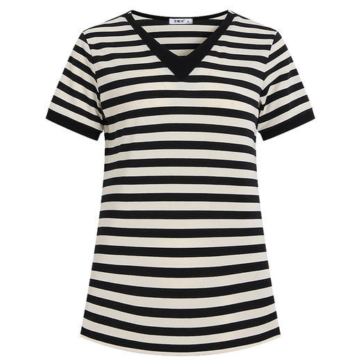 中长款条纹短袖t恤女2026新款大码女装遮屁股中年妈妈夏季V领上衣 商品图4