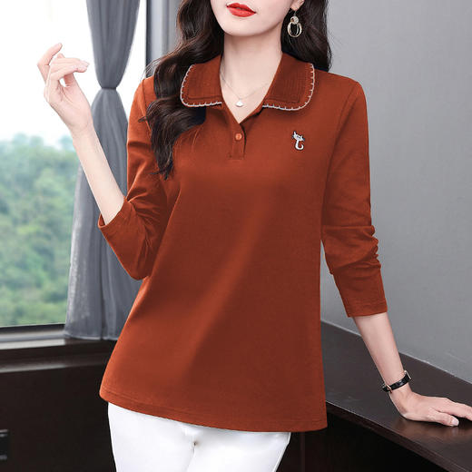 中年妈妈秋装长袖T恤女2026新款大码polo衫花边翻领上衣洋气减龄 商品图3