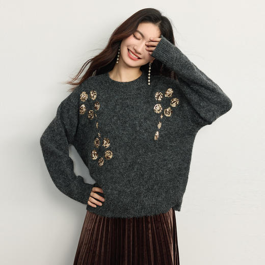 【11/5新品】熙世界鎏金亮片圆领毛衣女2025秋冬新款宽松慵懒高级感长袖针织衫 商品图1