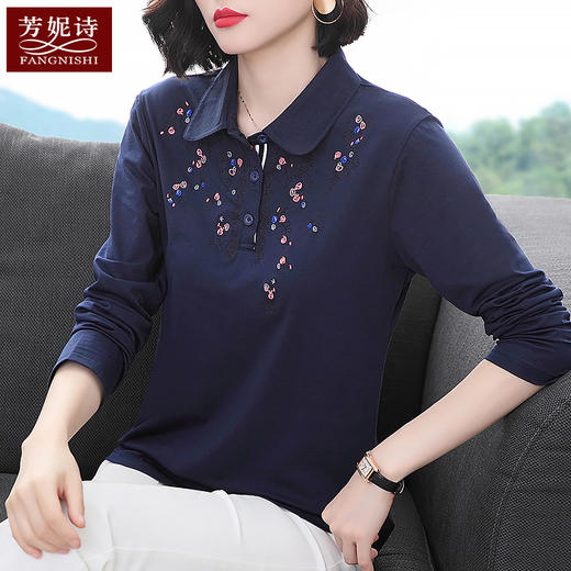 纯棉t恤女长袖中年妈妈翻领上衣大码女装女士春秋新款打底polo衫 商品图3