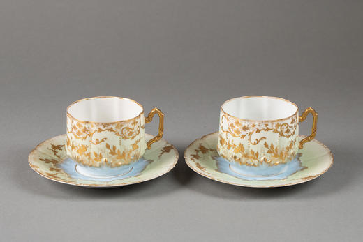 独角鹿西洋古董19世纪法国利摩日地区出品古典繁花卷叶主题手绘描金装饰青蓝色釉双人下午茶瓷器套件 商品图6