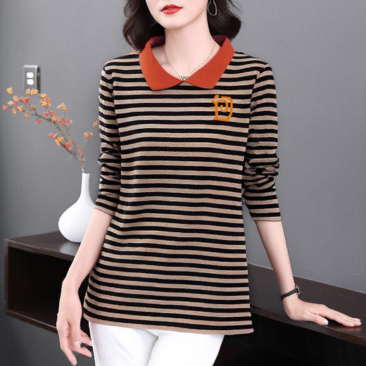 大码女装条纹女士t恤胖MM宽松2026新款春秋中长款显瘦长袖上衣女 商品图0