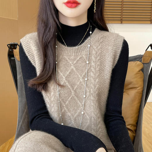 丁摩100%羊毛新款女装圆领短款菱形绞花套头无袖马甲针织背心ALM2-176 商品图1