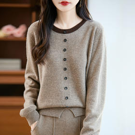 丁摩100%羊毛新款女式宽松圆领假两件拼色套头打底针织衫毛衣ALM2-452