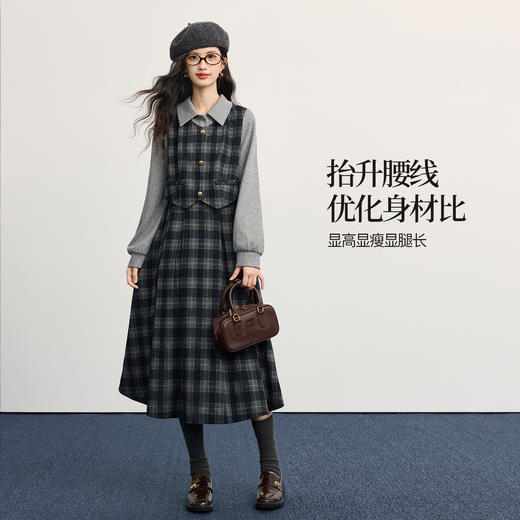 【11/5新品】熙世界复古知识分子风针织拼接格纹毛呢假两件连衣裙女2025秋冬季 商品图3