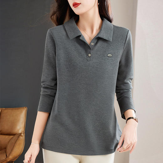 polo领女士长袖t恤2026新款早秋季大码女装宽松休闲有领灰色上衣 商品图4