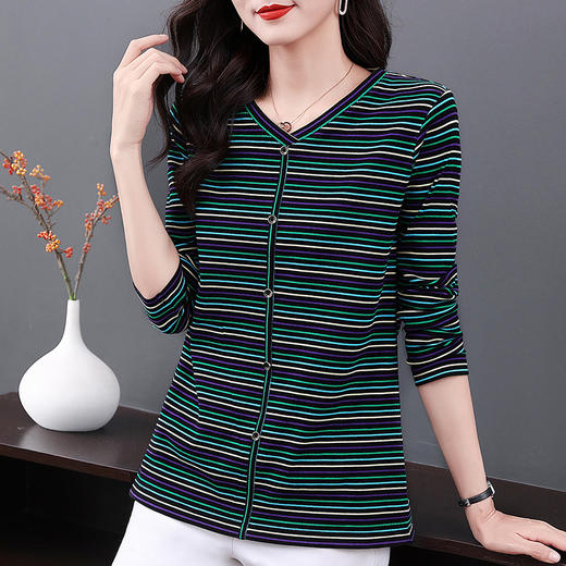 彩色条纹t恤女秋装2026年新款显瘦大码胖mm长袖打底衫中长款上衣 商品图1