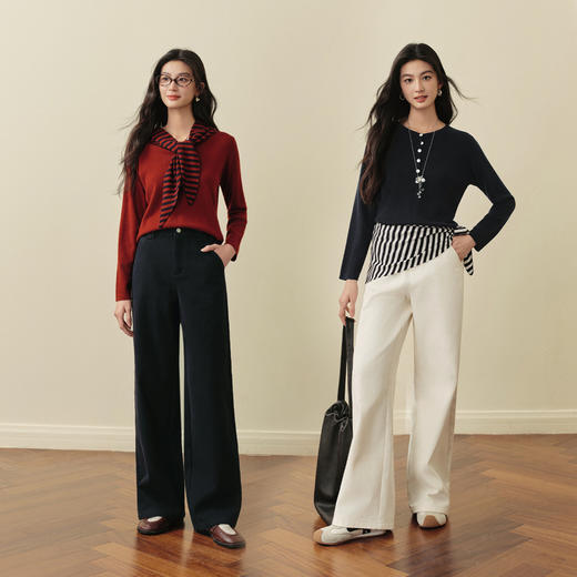 【严选】诗凡黎条纹撞色小披肩针织衫2025冬新款丝光羊毛混纺毛衣打底衫女7GB133231 商品图1