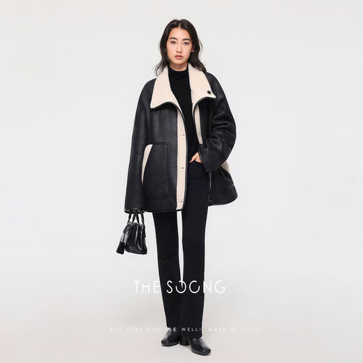THESOONG|"利落轮廓"复古高密锁温皮革肌理手缝牛角扣廓形外套HLWT7808 商品图3