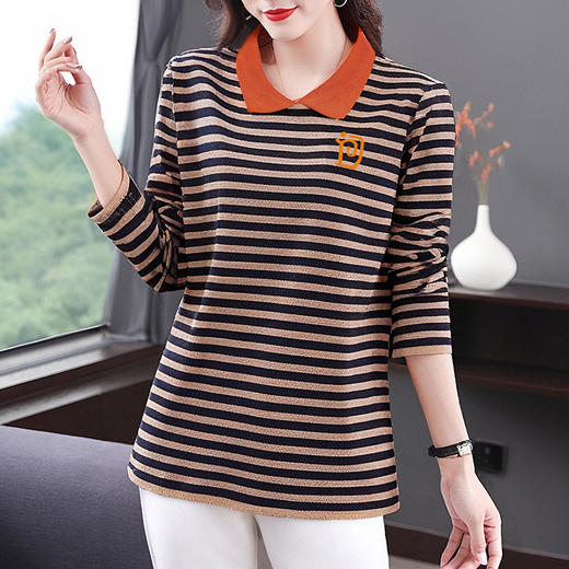 大码女装条纹女士t恤胖MM宽松2026新款春秋中长款显瘦长袖上衣女 商品图4