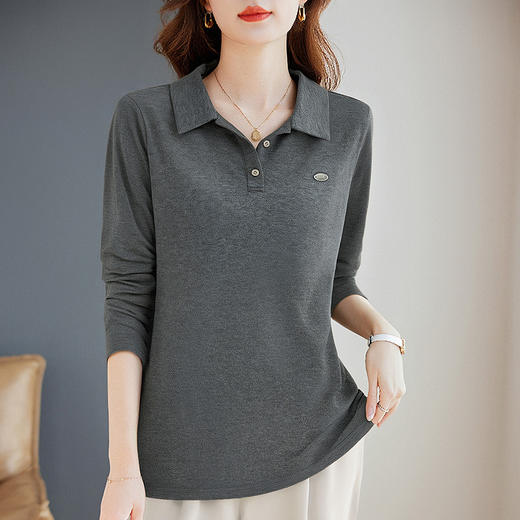 polo领女士长袖t恤2026新款早秋季大码女装宽松休闲有领灰色上衣 商品图3