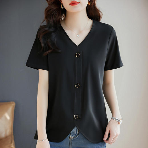 v领黑色短袖t恤女士夏季新款大码女装纯棉体恤衫洋气今年流行上衣 商品图0