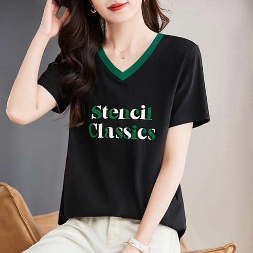 黑色女士短袖t恤夏季2026新款宽松大码胖mm显瘦遮肉V领上衣中长款 商品图4