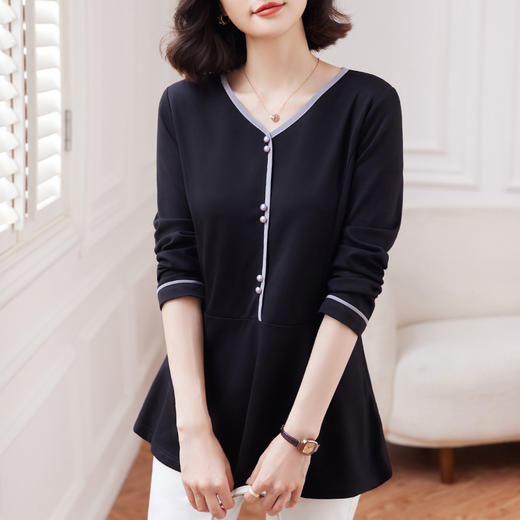 v领长袖上衣女春秋季2026年新款洋气收腰小衫大码t恤中长款打底衫 商品图3
