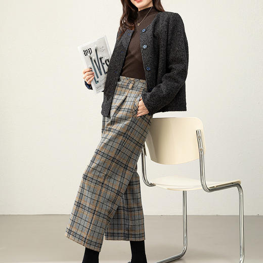 「高货xg」全新升级【铂金会员183/天猫239/差价56】(92748)洛诗琳毛呢格子阔腿裤2025秋冬高腰垂感显瘦九分直筒裤 商品图0