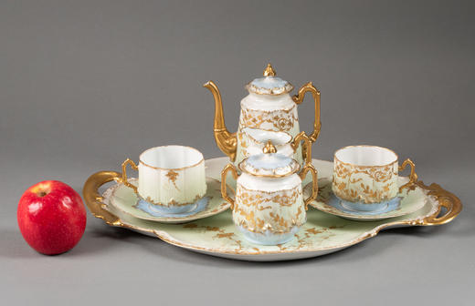 独角鹿西洋古董19世纪法国利摩日地区出品古典繁花卷叶主题手绘描金装饰青蓝色釉双人下午茶瓷器套件 商品图1