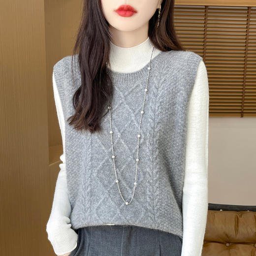 丁摩100%羊毛新款女装圆领短款菱形绞花套头无袖马甲针织背心ALM2-176 商品图2
