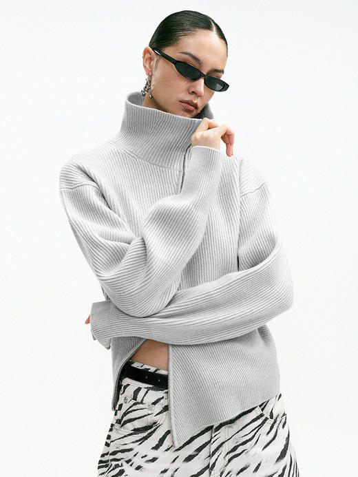 TR她热 街头日记 灰色斜拉链复古显瘦收腰百搭针织开衫外搭 商品图1