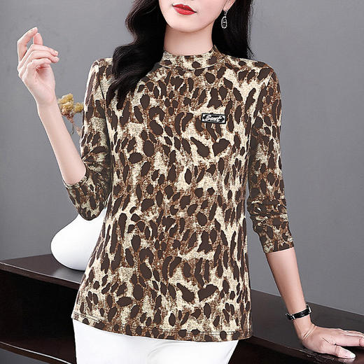 半高领打底衫女长袖2026年秋冬新款内搭豹纹女装上衣大码宽松T恤 商品图0
