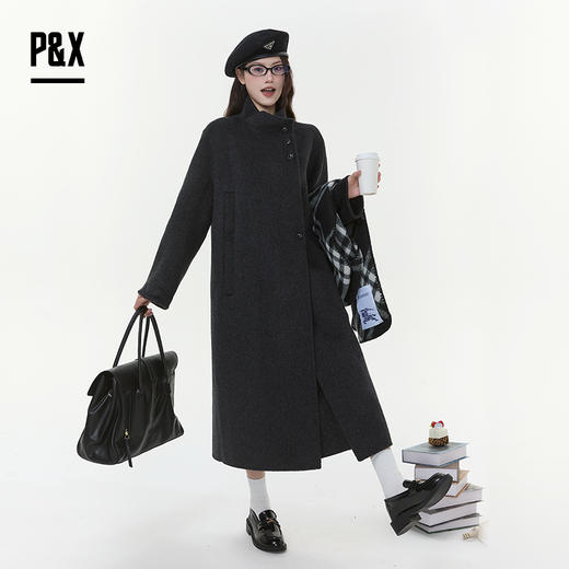 P&X设计师女装2025冬季毛呢外套双面呢长款大衣825421107 深灰 商品图1