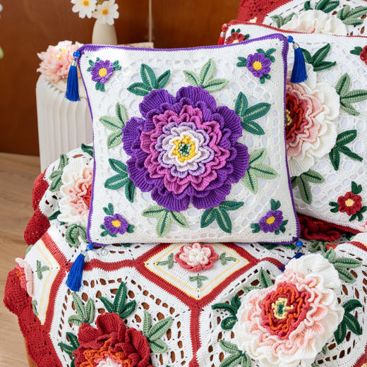 苏苏姐家国色芳华牡丹毯&抱枕套手工DIY家居钩针毛线4股棉材料包 商品图1