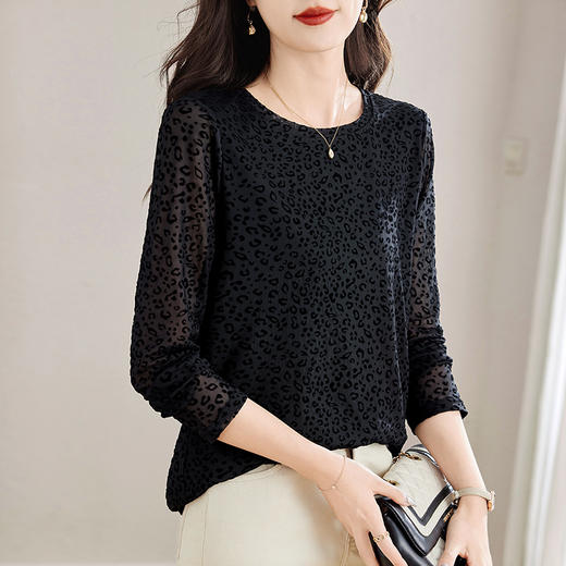 豹纹网纱打底衫女新款春秋季长袖女士t恤大码女装中长款上衣洋气 商品图1