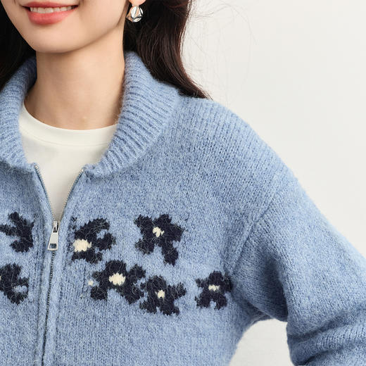 【周末秒杀】熙世界浪漫复古蓝色提花毛衣开衫女秋冬拉链翻领羊毛针织短款外套 商品图4