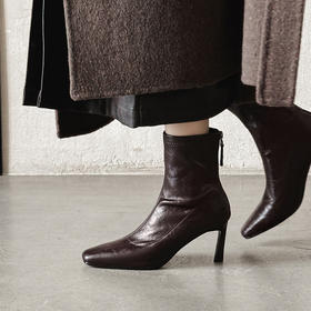【预售5天】秋冬季法式复古高细跟瘦瘦短靴女棕色方头弹力后拉链名媛范DYJ&CX8214-1