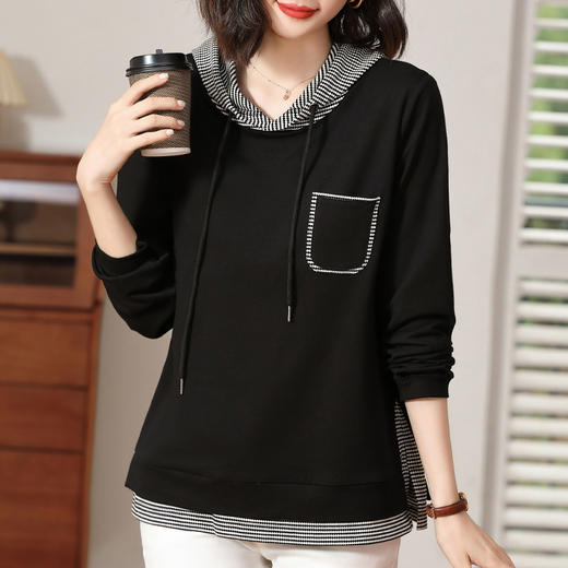 黑色连帽卫衣女春秋薄款2026年新款大码女装宽松套头下摆开叉上衣 商品图1