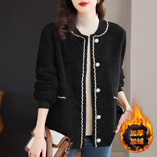 加绒小香风外套女士秋冬季新款大码女装摇粒绒棒球服黑色加厚上衣 商品图0