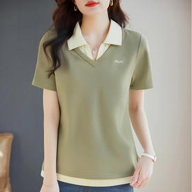 翻领短袖t恤女2026年新款夏季大码女士假两件上衣宽松女装polo衫
