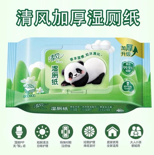 【湿厕纸】清风 湿厕纸长草团颜子小包便携式湿纸巾家用可冲散(新旧包装随机) 40抽/包 商品图0