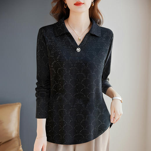 黑色长袖t恤女大码秋季新款休闲宽松显瘦洋气翻领上衣带领polo衫 商品图4