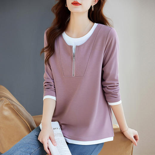 大码长袖T恤女撞色2026秋装新款宽松显瘦打底衫高级假两件上衣 商品图4