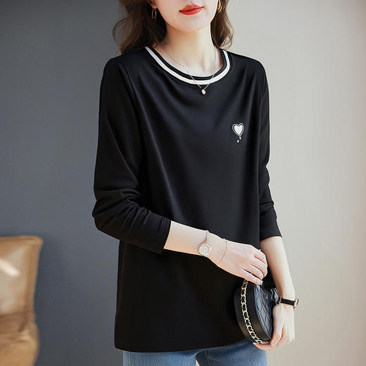 大码长袖t恤女2026年秋装新款休闲女装宽松洋气打底衫黑色上衣 商品图2