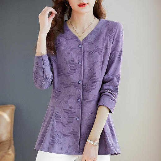 春秋上衣2026新款大码女装妈妈洋气衬衣外套紫色长袖女士衬衫高级 商品图2