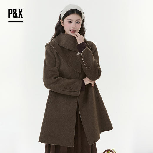 P&X设计师女装2025冬季法式长袖双面呢中长款大衣825421113 咖色 商品图1
