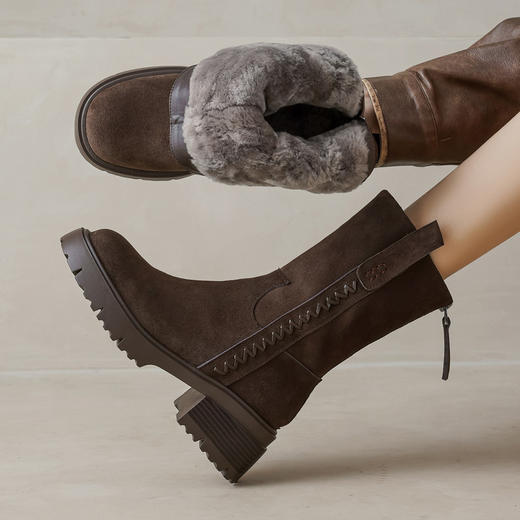 【预售5天】冬季羊皮毛一体厚底雪地靴女真皮保暖大棉鞋高跟加绒厚毛短靴168XY&1681470 商品图0